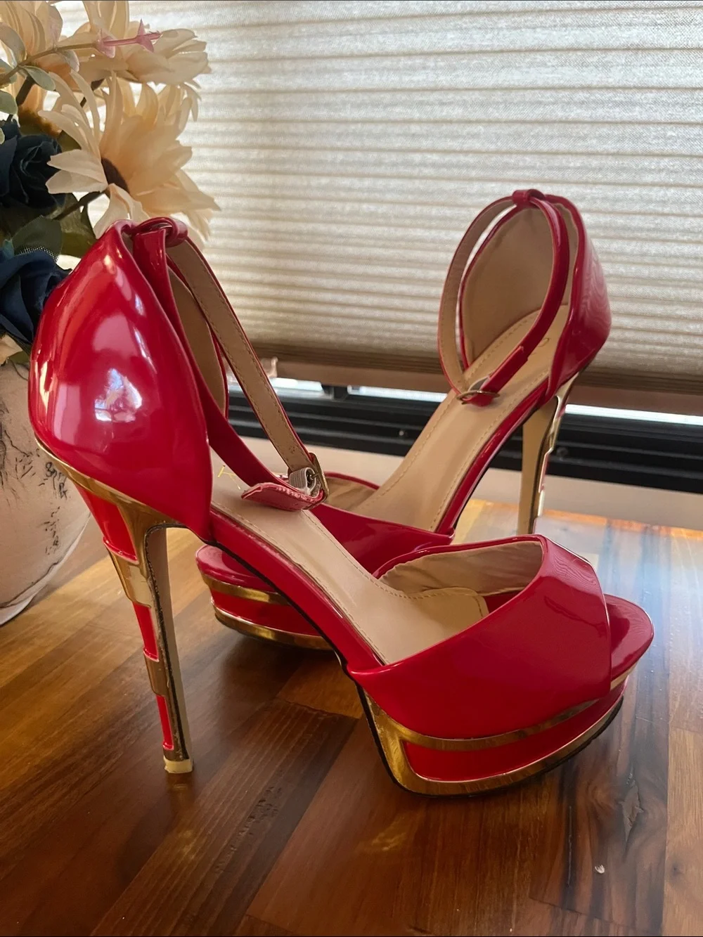 Sexy Red Patent Peep-Toe Ankle Strap Heels -
